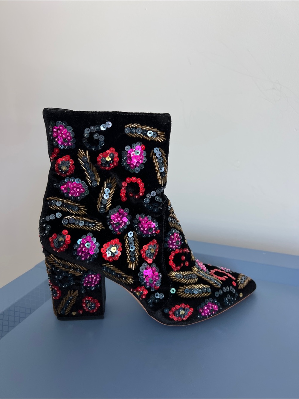 Loeffler Randall isla black velvet multicolored sequins heeled pointed toe boots - Picture 8 of 13